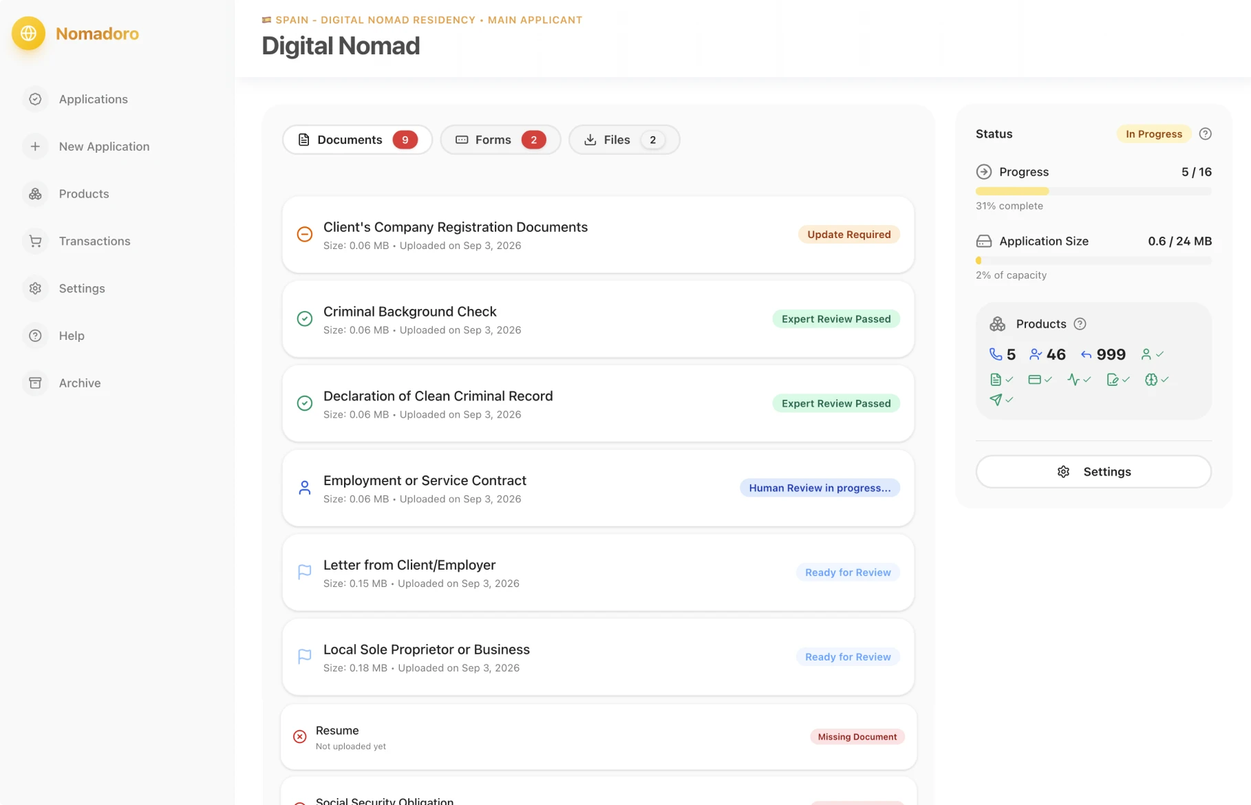 The Nomadoro dashboard for a Spain Digital Nomad Residency application, showing documents marked Expert Review Passed, Human Review in progress and Missing Document.