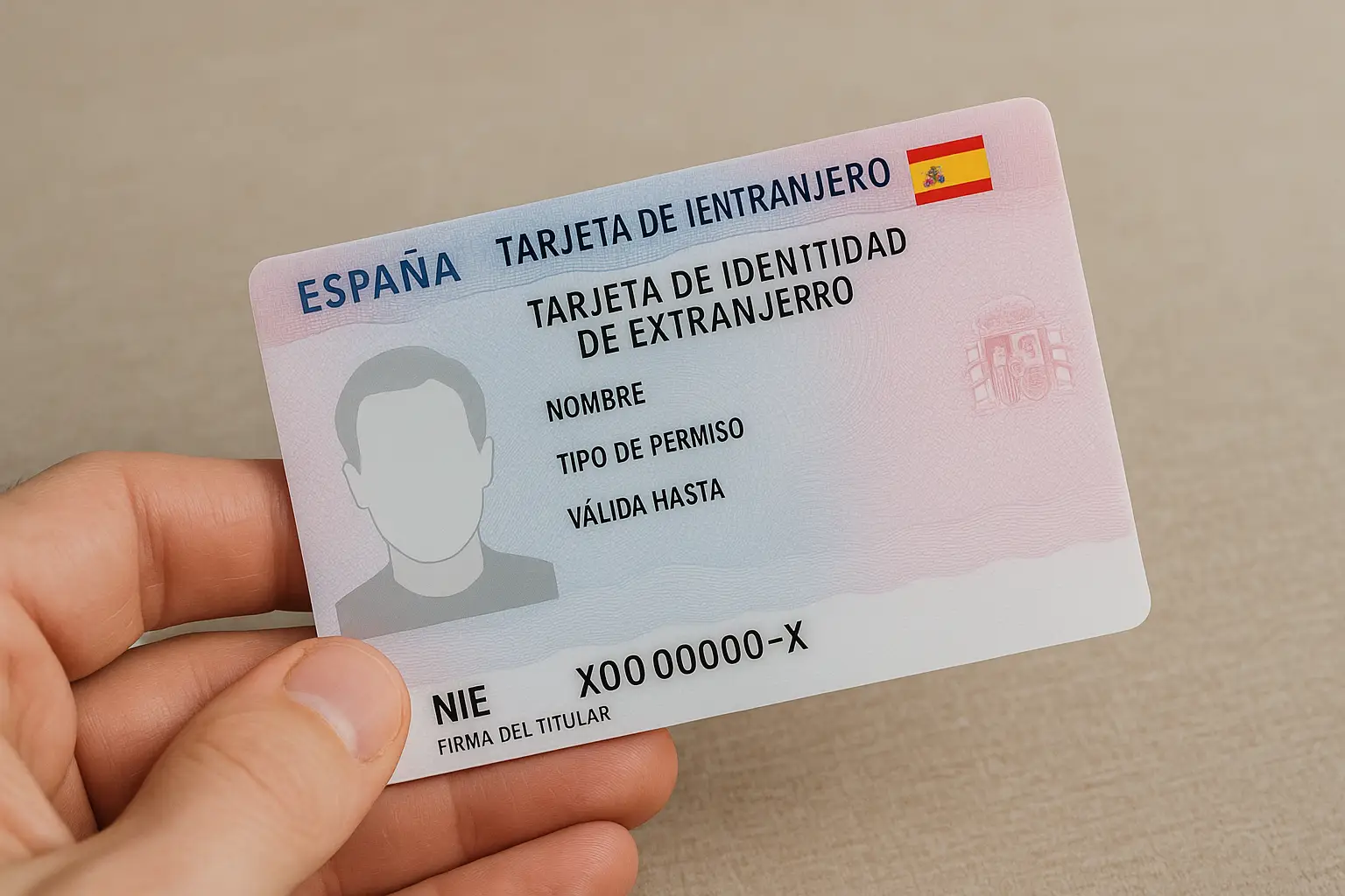 Close-up of a Spanish TIE residency card held by a hand, used for foreign residents in Spain
